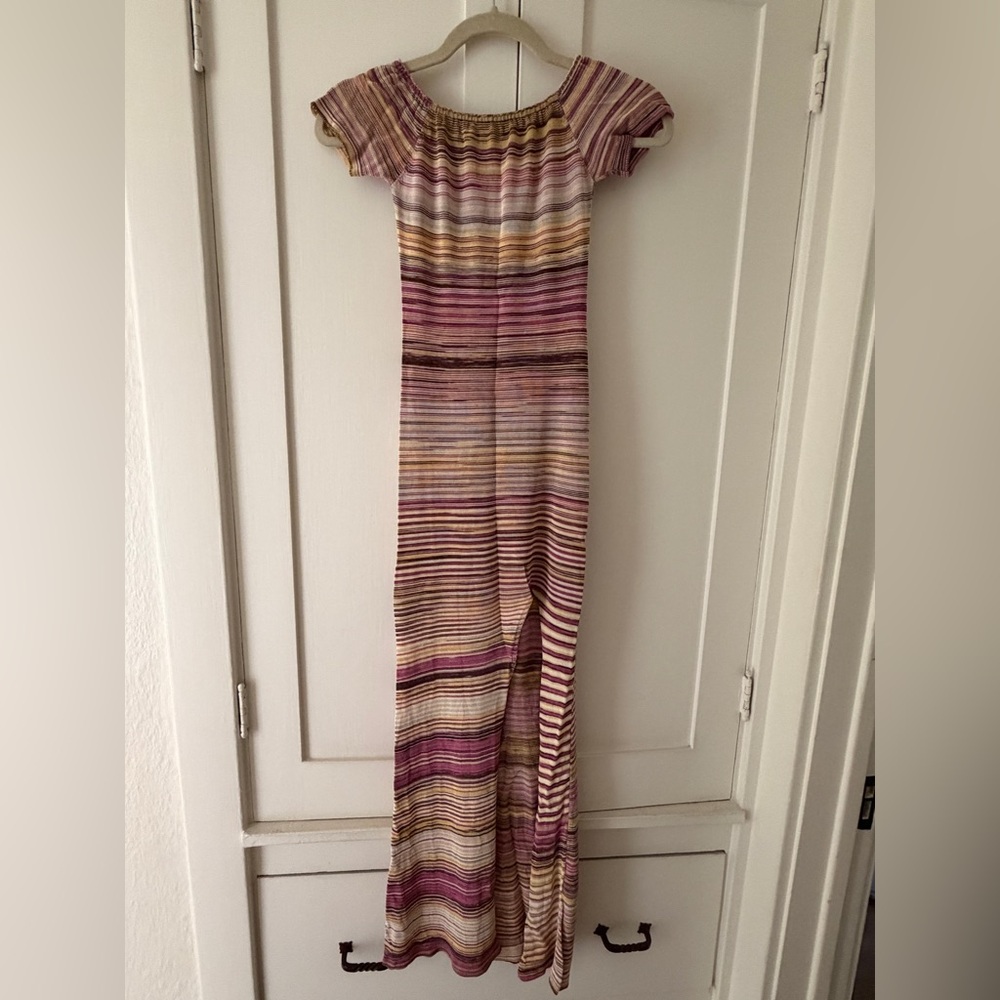 Multicolor Striped Off-Shoulder Dress in Pink, Tan & Gold. Sexy front slit!